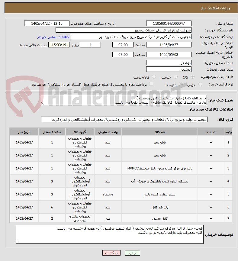 تصویر کوچک آگهی خرید تابلو GIS ( طبق مشخصات فنی پیوست ) 
برنامه زمانبندی تحویل کالا یک ماهه و  بصورت یکجا می باشد.