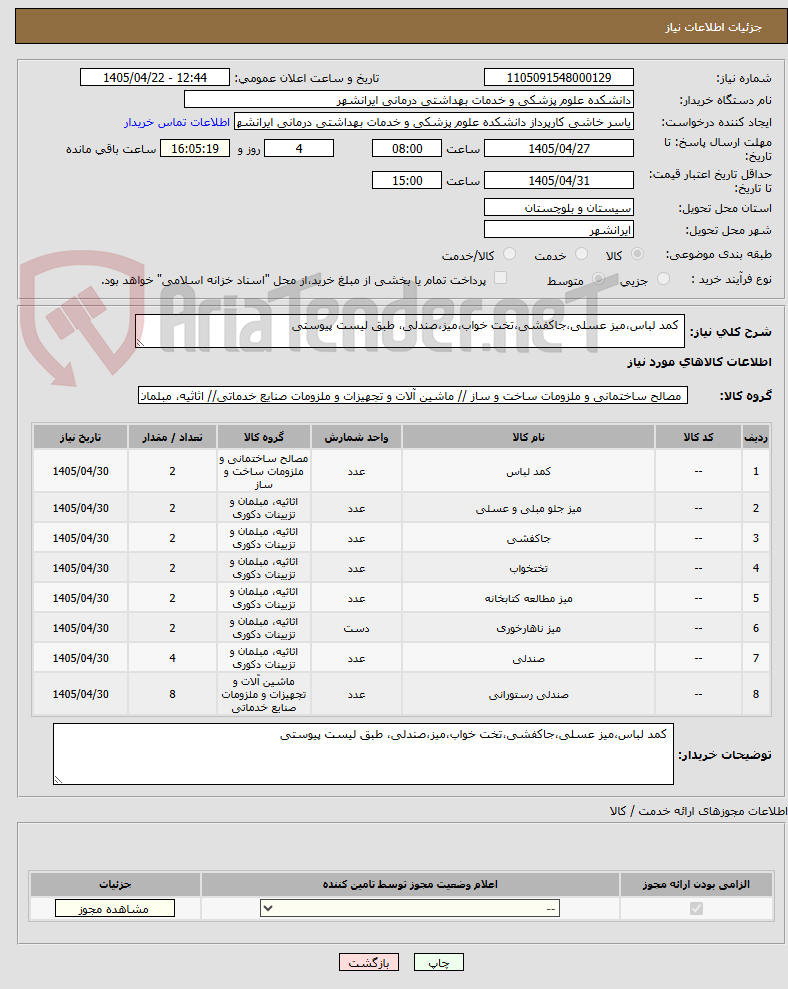 تصویر کوچک آگهی  کمد لباس،میز عسلی،جاکفشی،تخت خواب،میز،صندلی، طبق لیست پیوستی 