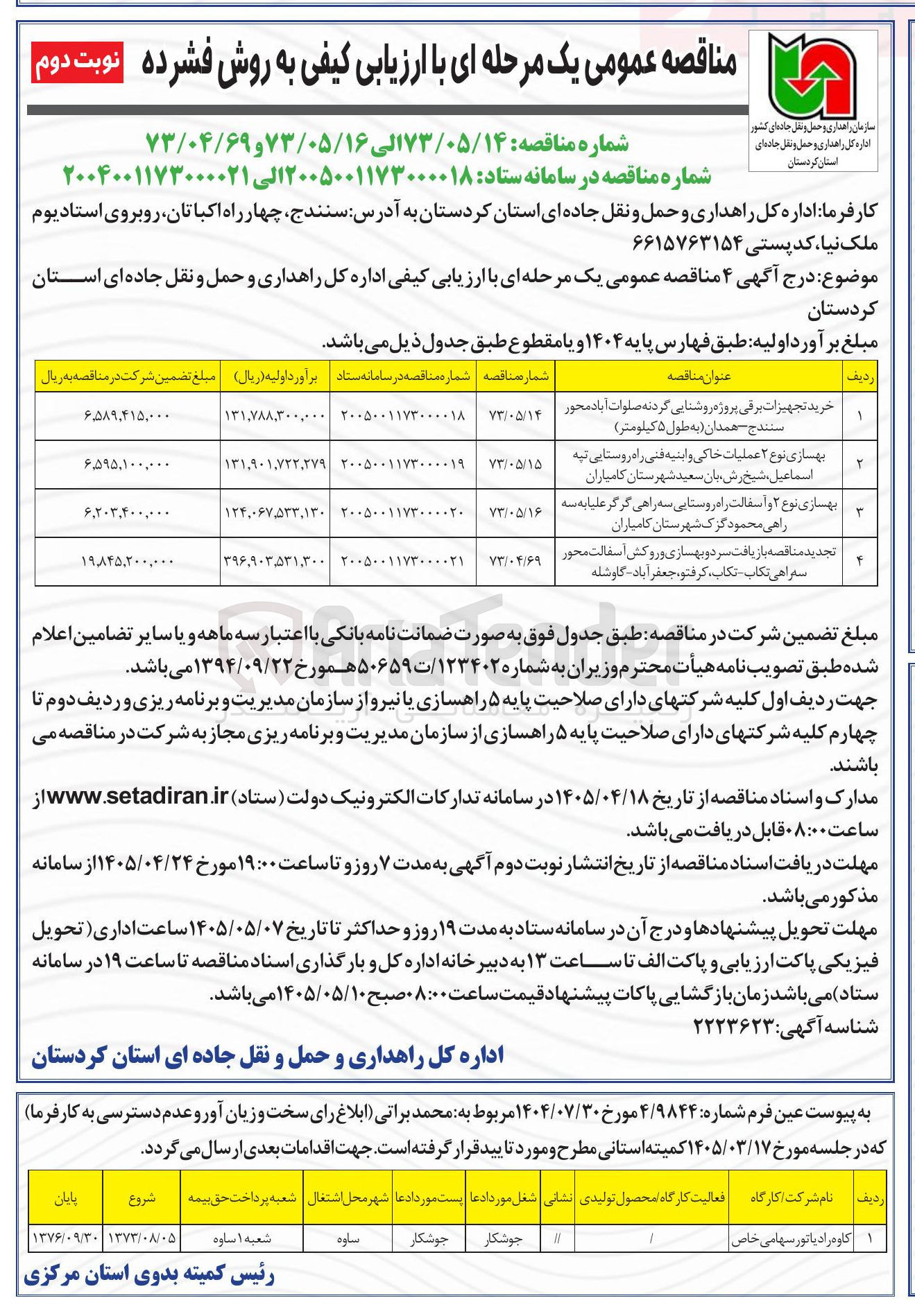 تصویر کوچک آگهی بهسازی نوع ۲ عملیات خاکی و ابنیه فنی راه روستایی تپه اسماعیل، شیخ رش، بان سعید شهرستان کامیاران 