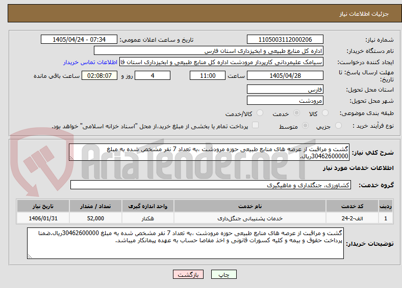 گشت و مراقبت از عرصه های منابع طبیعی حوزه مرودشت ،به تعداد 7 نفر مشخص شده به مبلغ 30462600000ریال.