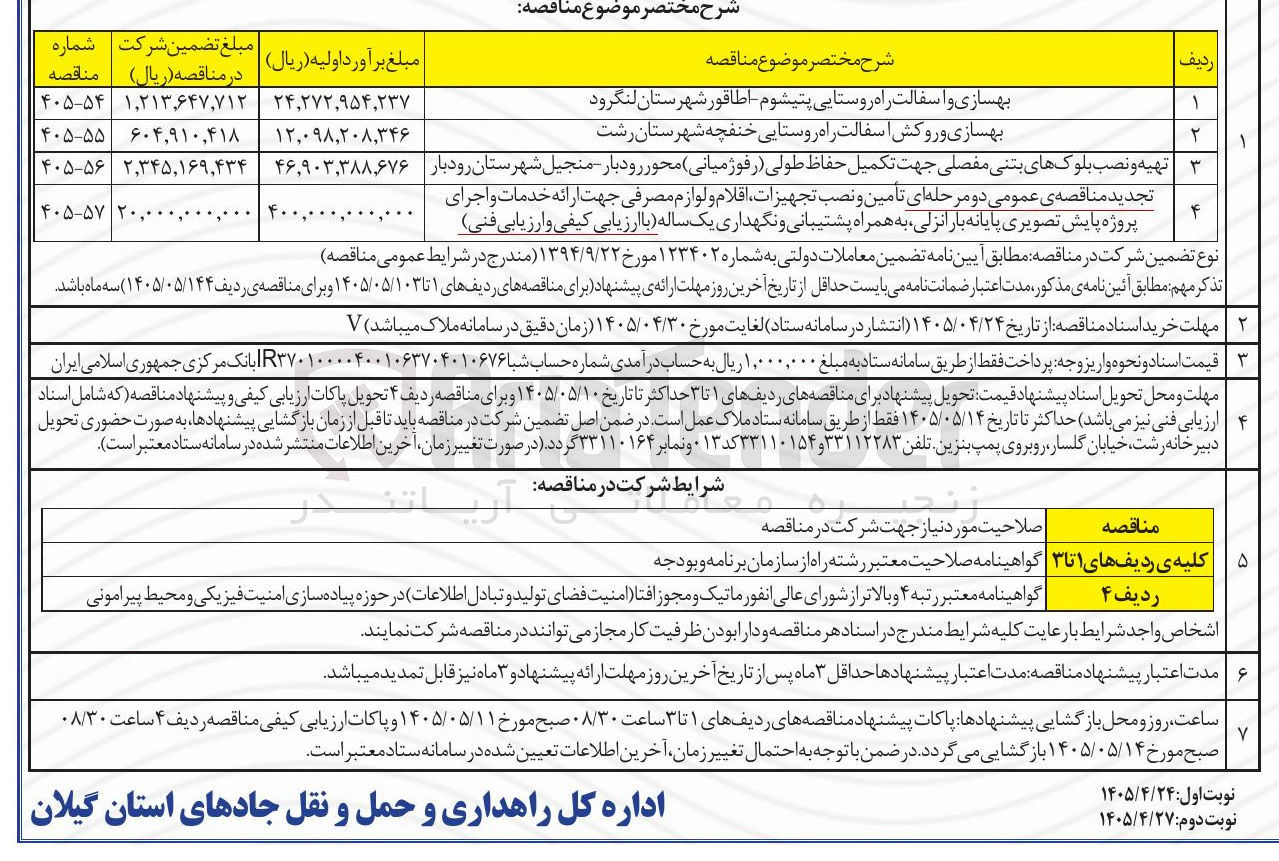تصویر کوچک آگهی تهیه و نصب بلوکهای بتنی مفصلی جهت تکمیل حفاظ طولی (رفوژ میانی) محور رودبار - منجیل شهرستان رودبار