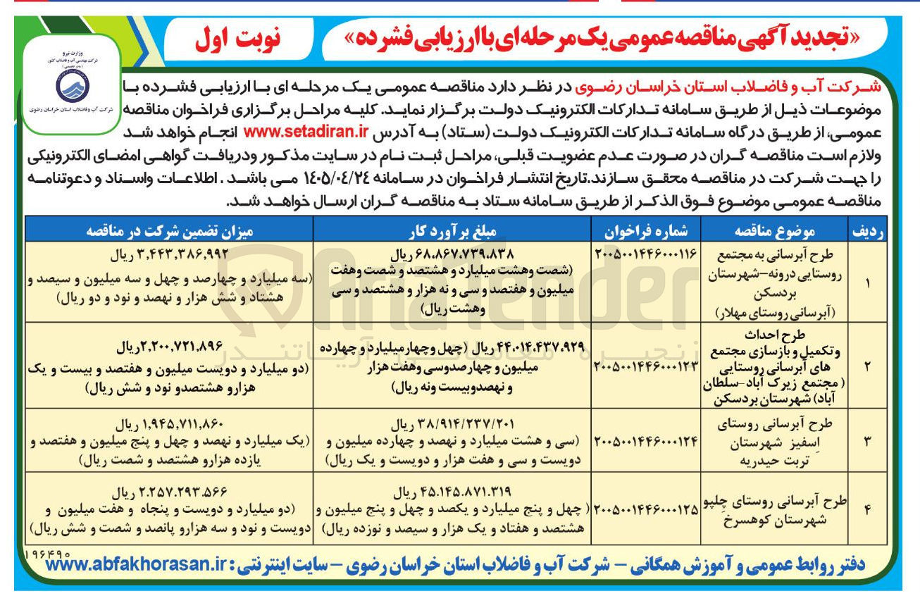 تصویر کوچک آگهی طرح آبرسانی روستای اسفیز شهرستان تربت حیدریه