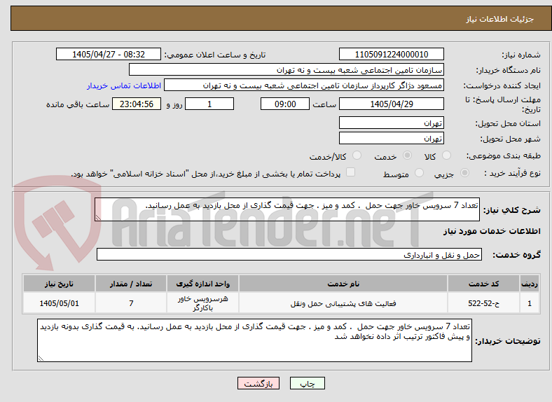 تصویر کوچک آگهی تعداد 7 سرویس خاور جهت حمل  . کمد و میز . جهت قیمت گذاری از محل بازدید به عمل رسانید. 
