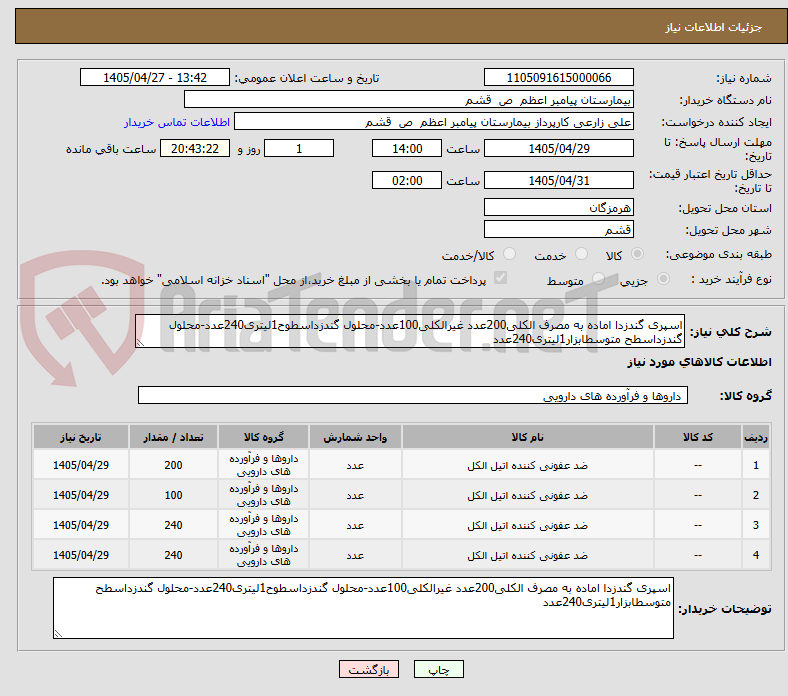 اسپری گندزدا اماده به مصرف الکلی200عدد غیرالکلی100عدد-محلول گندزداسطوح1لیتری240عدد-محلول گندزداسطح متوسطابزار1لیتری240عدد