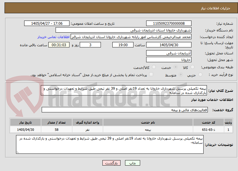 بیمه تکمیلی پرسنل شهرداری خاروانا به تعداد 19نفر اصلی و 39 نفر تبعی طبق شرایط و تعهدات درخواستی و بارکذاری شده در سامانه