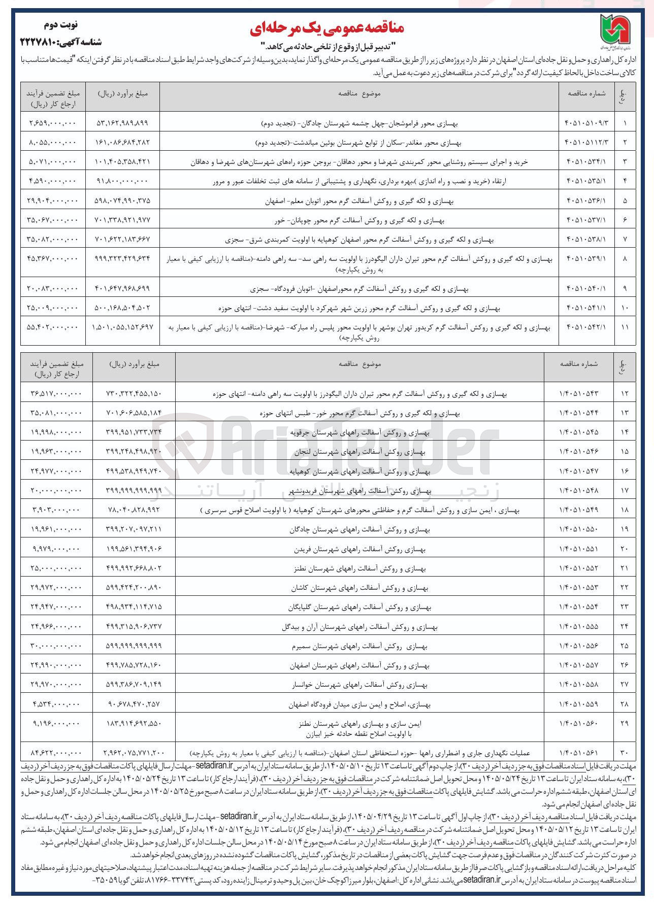 تصویر کوچک آگهی ایمن سازی و بهسازی راههای شهرستان نطنز با اولویت اصلاح نقطه حادثه خیز ابیازن 