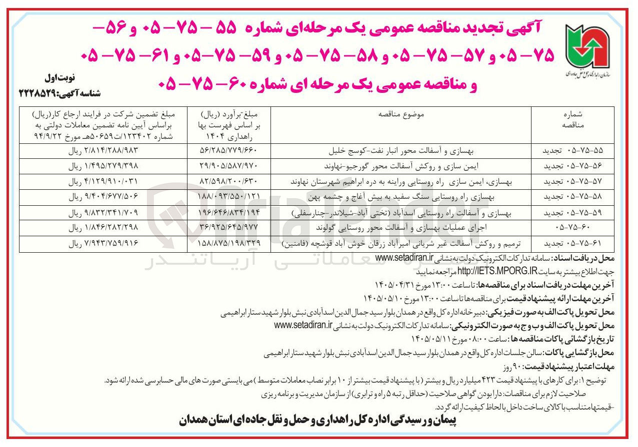 تصویر کوچک آگهی بهسازی، ایمن سازی راه روستایی وراینه به دره ابراهیم شهرستان نهاوند