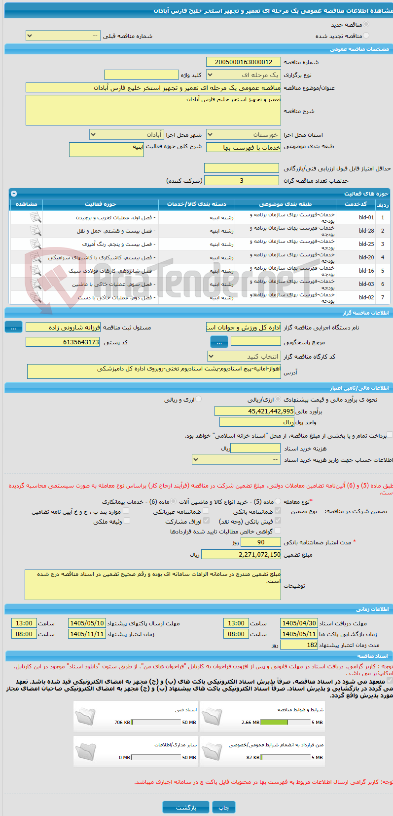 تصویر کوچک آگهی مناقصه عمومی یک مرحله ای تعمیر و تجهیز استخر خلیج فارس آبادان