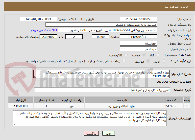 پروژه کاهش تلفات بازار صفا و خیابان نوبهار مدیریت توزیع برق شهرستان خرمشهر به شماره دستورکار: 6401905003