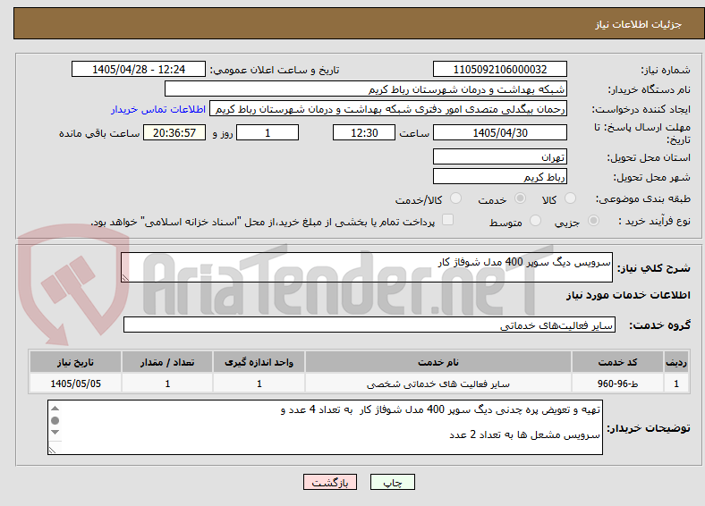 تصویر کوچک آگهی سرویس دیگ سوپر 400 مدل شوفاژ کار