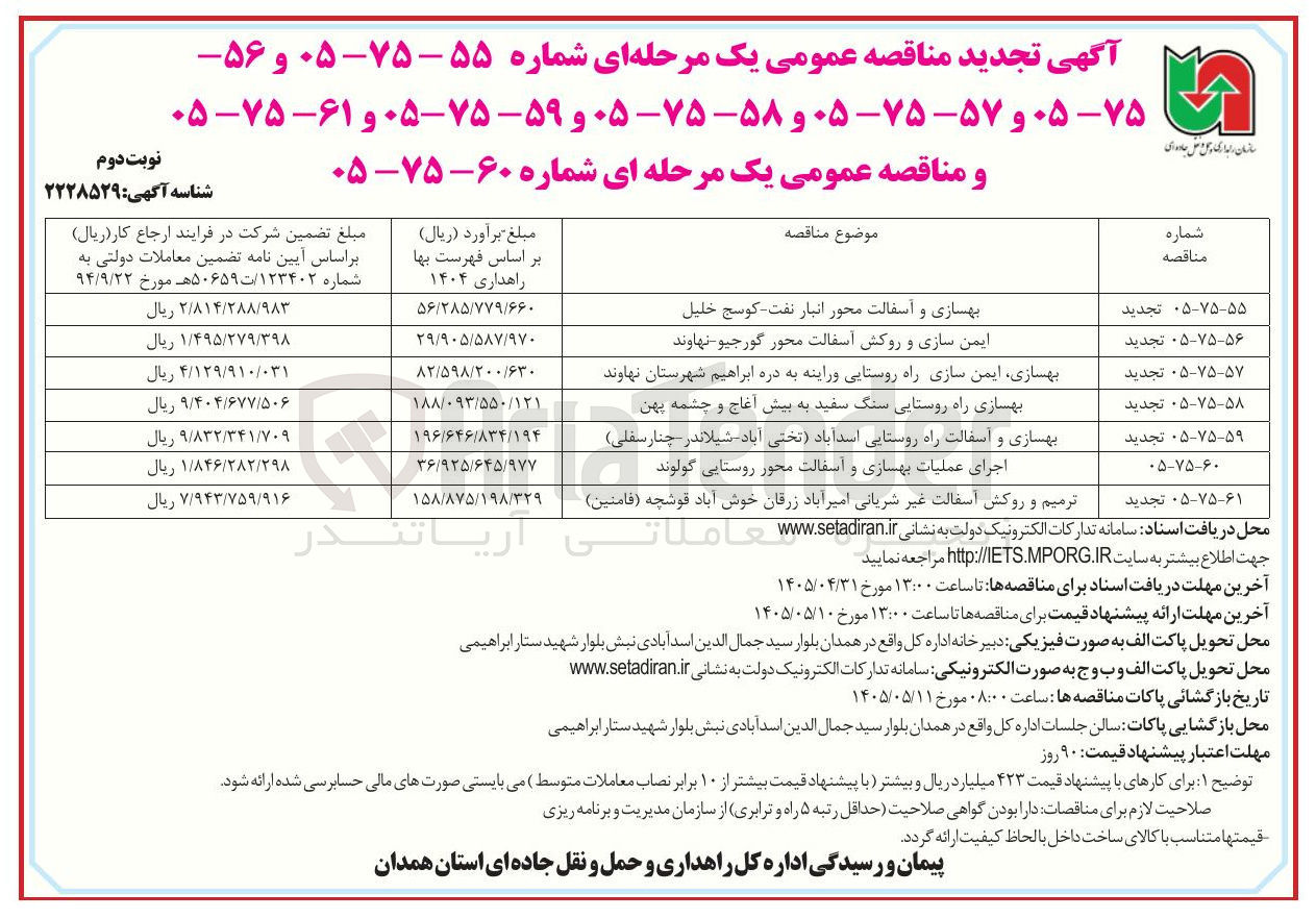 تصویر کوچک آگهی بهسازی، ایمن سازی راه روستایی وراینه به دره ابراهیم شهرستان نهاوند 
