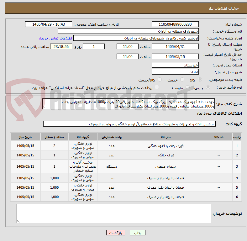 تصویر کوچک آگهی دوعدد دله قهوه ویک عددکتری بزرگ ویک دستگاه سماوربرقی20لیتری و1000عددلیوان مقوایی چای و1000عددلیوان مقوایی قهوه و1000عدد لیوان یکبارمصرف آبخوری