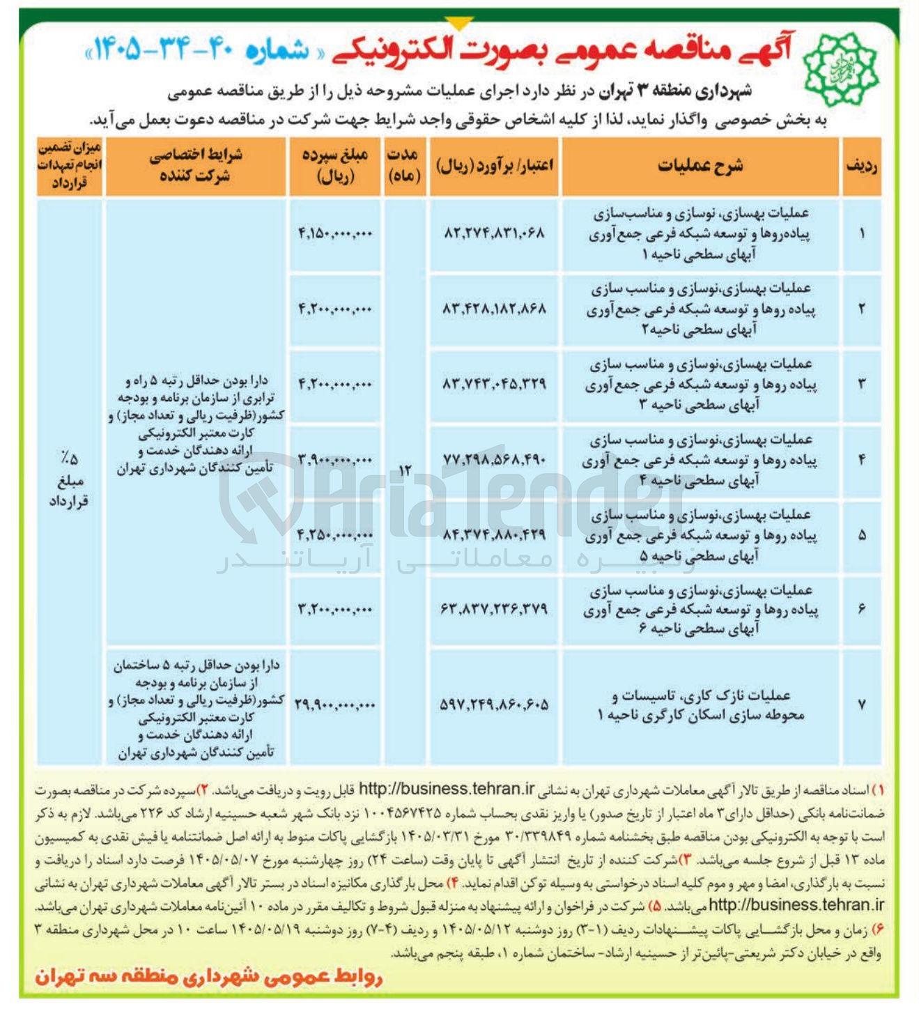 تصویر کوچک آگهی عملیات بهسازی، نوسازی و مناسب سازی پیاده روها و توسعه شبکه فرعی جمع آوری آبهای سطحی ناحیه 6
