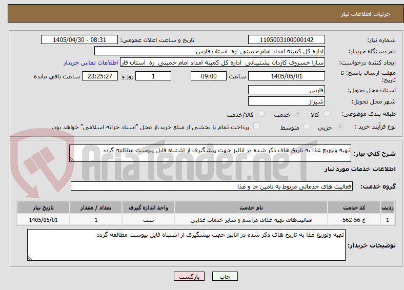 تهیه وتوزیع غذا به تاریخ های ذکر شده در انالیز جهت پیشگیری از اشتباه فایل پیوست مطالعه گردد