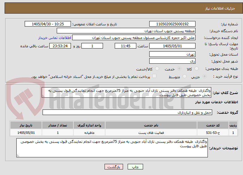 واگذاری طبقه همکف دفتر پستی نازی آباد جنوبی به متراژ 75مترمربع جهت انجام نمایندگی قبول پستی به بخش خصوصی طبق فایل پیوست