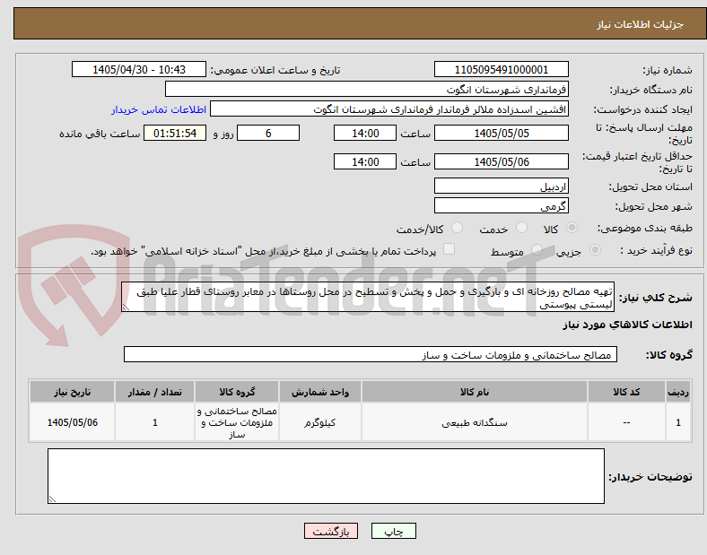 تصویر کوچک آگهی تهیه مصالح روزخانه ای و بارگیری و حمل و پخش و تسطیح در محل روستاها در معابر روستای قطار علیا طبق لیستی پیوستی 
