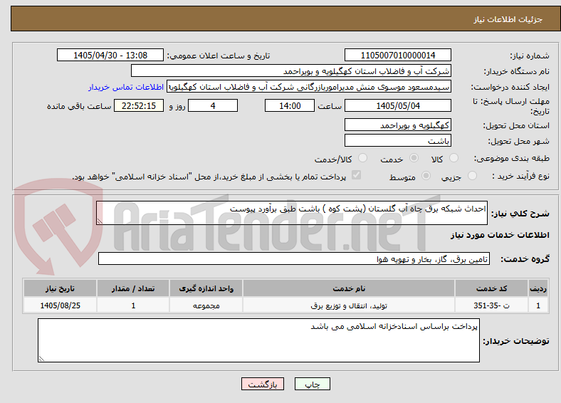 احداث شبکه برق چاه آب گلستان (پشت کوه ) باشت طبق برآورد پیوست