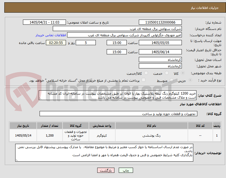 خرید 1200 کیلوگرم رنگ نیمه پلاستیک بهار یا الوان :بر طبق مشخصات پیوست در سامانه-ایران کد مشابه است و ملاک مشخصات فنی و خصوصی پیوست در سامانه می باشد
