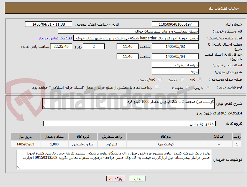 تصویر کوچک آگهی گوشت مرغ منجمد 2 تا 2.5 کیلویی مقدار 1000 کیلو گرم 