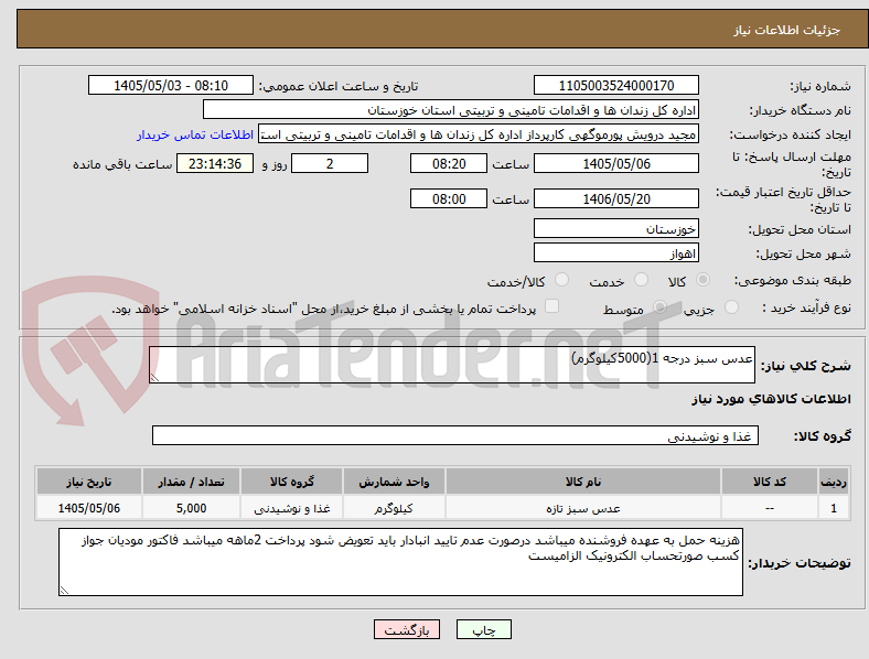 عدس سبز درجه 1(5000کیلوگرم)