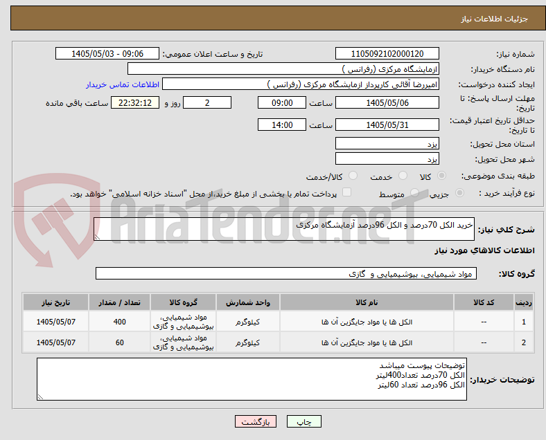 تصویر کوچک آگهی خرید الکل 70درصد و الکل 96درصد آزمایشگاه مرکزی