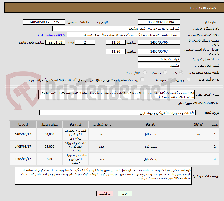 انواع بست کمربندی کابل مطابق با الزامات و مشخصات فنی پیوست.(ارسال نمونه طبق مشخصات فنی اعلام شده الزامی می باشد.)