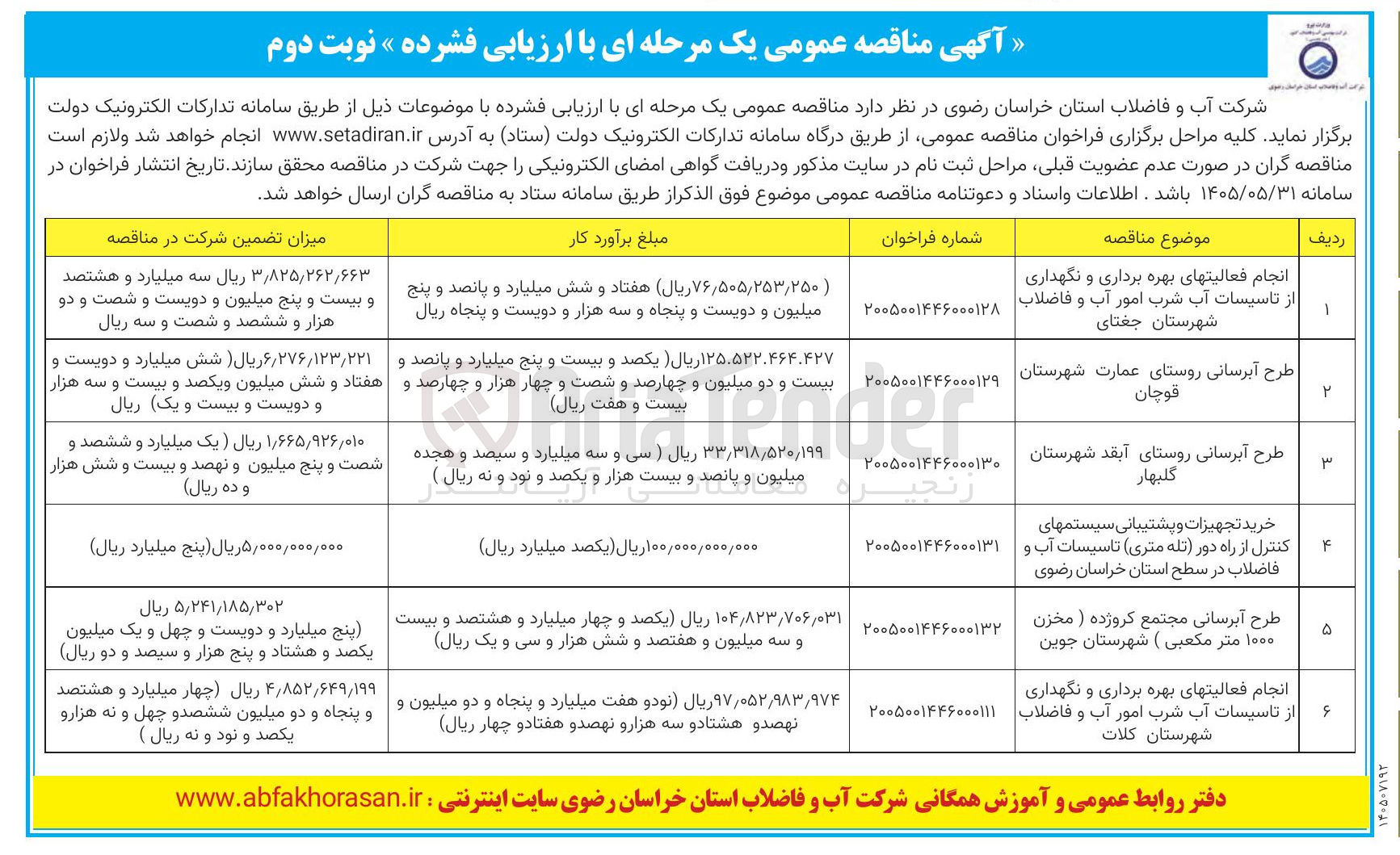 تصویر کوچک آگهی انجام فعالیتهای بهره برداری و نگهداری از تاسیسات آب و فاضلاب شهرستان خراسان رضوی
