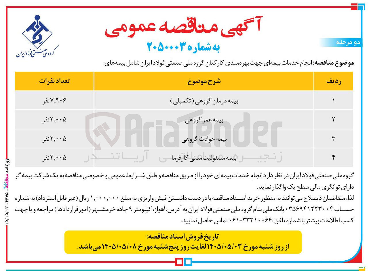 تصویر کوچک آگهی انجام خدمات بیمه ای / بیمه حوادث، عمر، درمان تکمیلی و مسئولیت شغلی مرتبط برای کارکنان