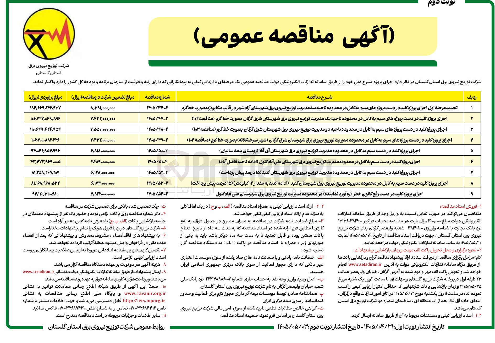 تصویر کوچک آگهی اجرای پروژه کلید در دست پروژه های سیم به کابل در محدوده ناحیه سه مدیریت توزیع نیروی برق شهرستان آزاد شهر در قالب مگا پروژه بصورت خط گرم 