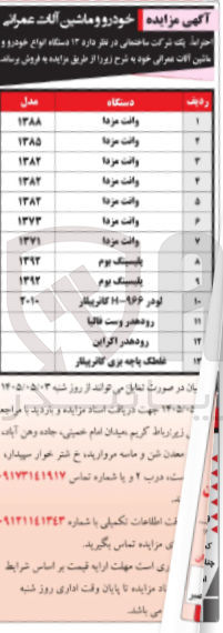 فروش ۱۳ دستگاه انواع خودرو و ماشین آلات عمرانی