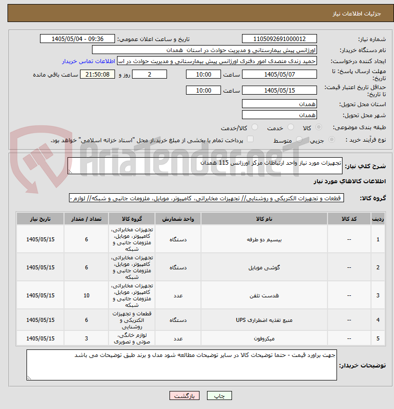 تجهیزات مورد نیاز واحد ارتباطات مرکز اورزانس 115 همدان