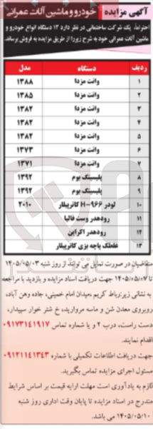 تصویر کوچک آگهی فروش ۱۳ دستگاه انواع خودرو و ماشین آلات عمرانی