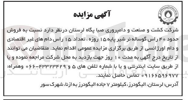 فروش حدود ۴۰ راس گوساله نر شیر پایه ۱۵ روزه، تعداد ۱۵ راس دامهای غیر اقتصادی و دام اورژانسی