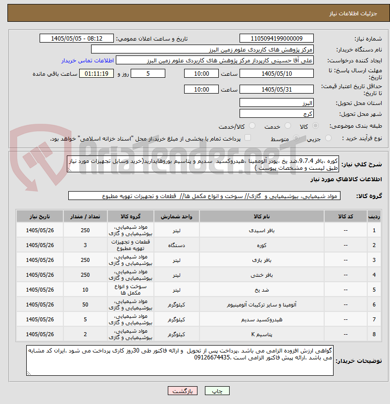 تصویر کوچک آگهی کوره ،بافر 9،7،4،ضد یخ ،پودر آلوممینا ،هیدروکسید  سدیم و پتاسیم بوروهایدارید(خرید وسایل تجهیزات مورد نیاز طبق لیست و مشخصات پیوست )