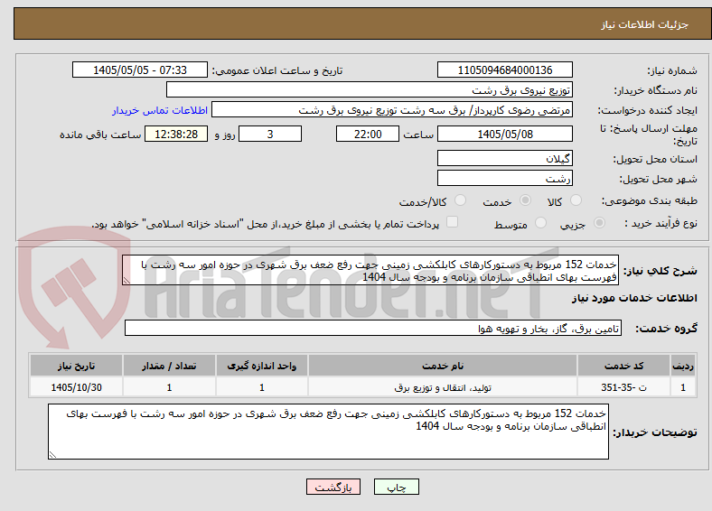 خدمات 152 مربوط به دستورکارهای کابلکشی زمینی جهت رفع ضعف برق شهری در حوزه امور سه رشت با فهرست بهای انطباقی سازمان برنامه و بودجه سال 1404
