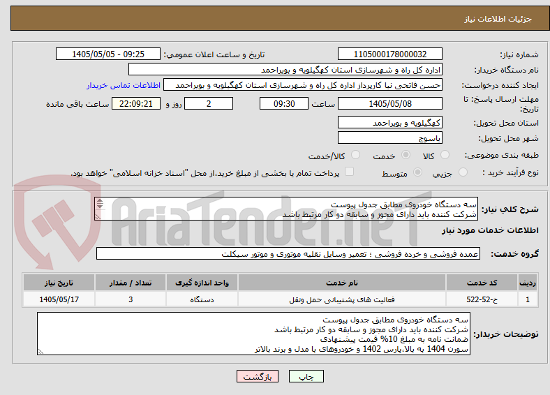 تصویر کوچک آگهی سه دستگاه خودروی مطابق جدول پیوست
شرکت کننده باید دارای مجوز و سابقه دو کار مرتبط باشد
ضمانت نامه به مبلغ 10% قیمت پیشنهادی
