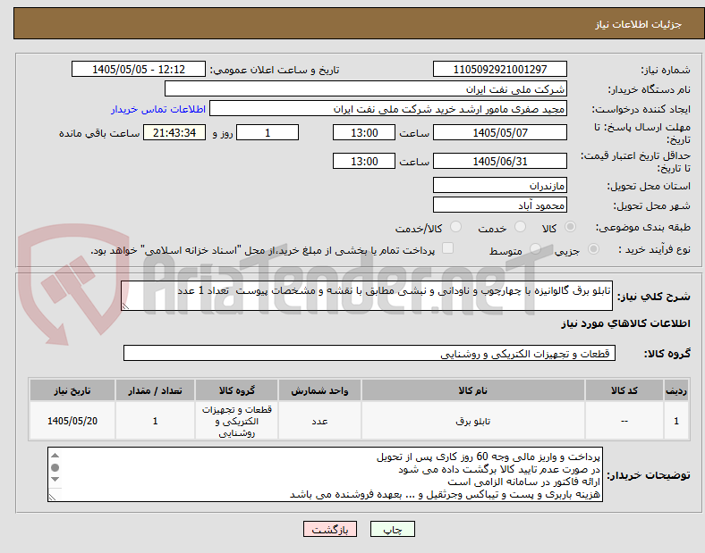 تابلو برق گالوانیزه با چهارچوب و ناودانی و نبشی مطابق با نقشه و مشخصات پیوست تعداد 1 عدد