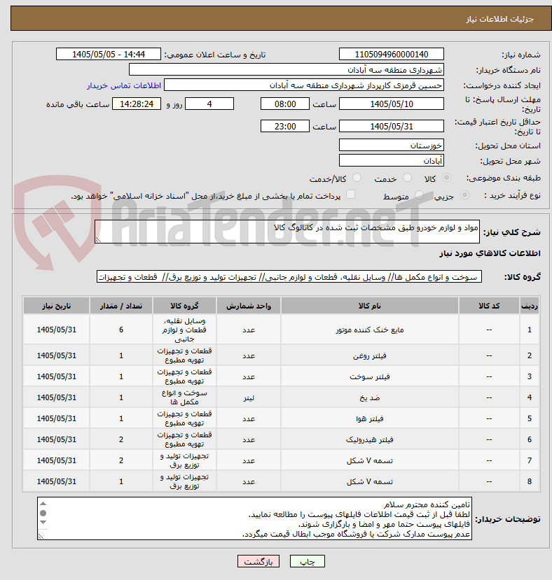 تصویر کوچک آگهی مواد و لوازم خودرو طبق مشخصات ثبت شده در کاتالوگ کالا