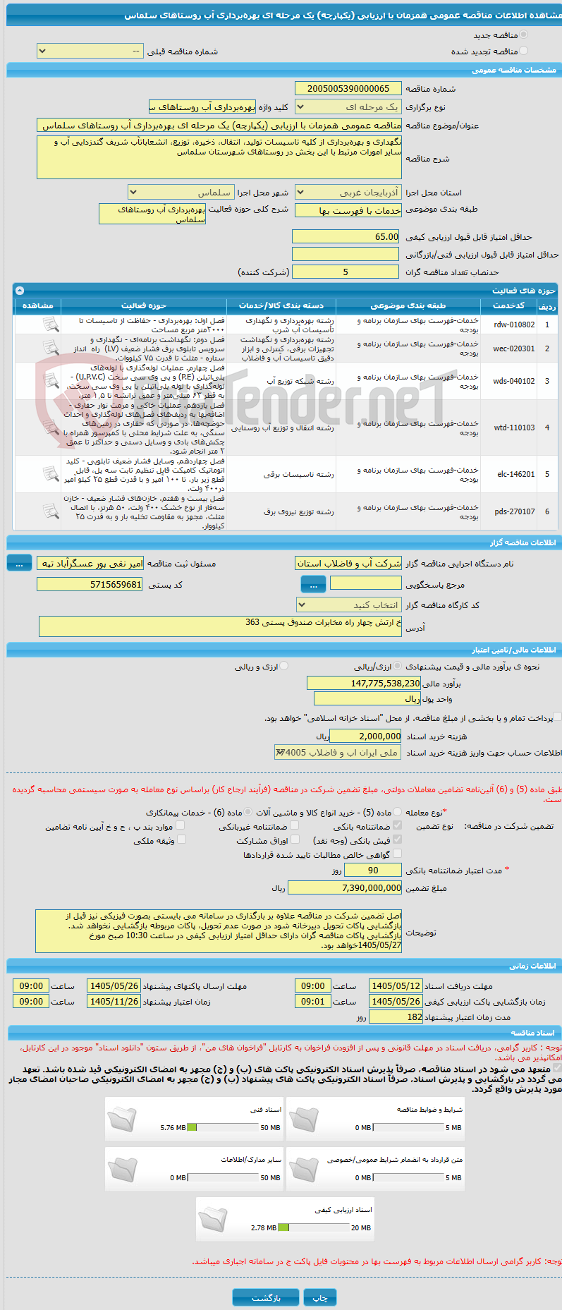 تصویر کوچک آگهی مناقصه عمومی همزمان با ارزیابی (یکپارچه) یک مرحله ای بهره‌برداری آب روستاهای سلماس