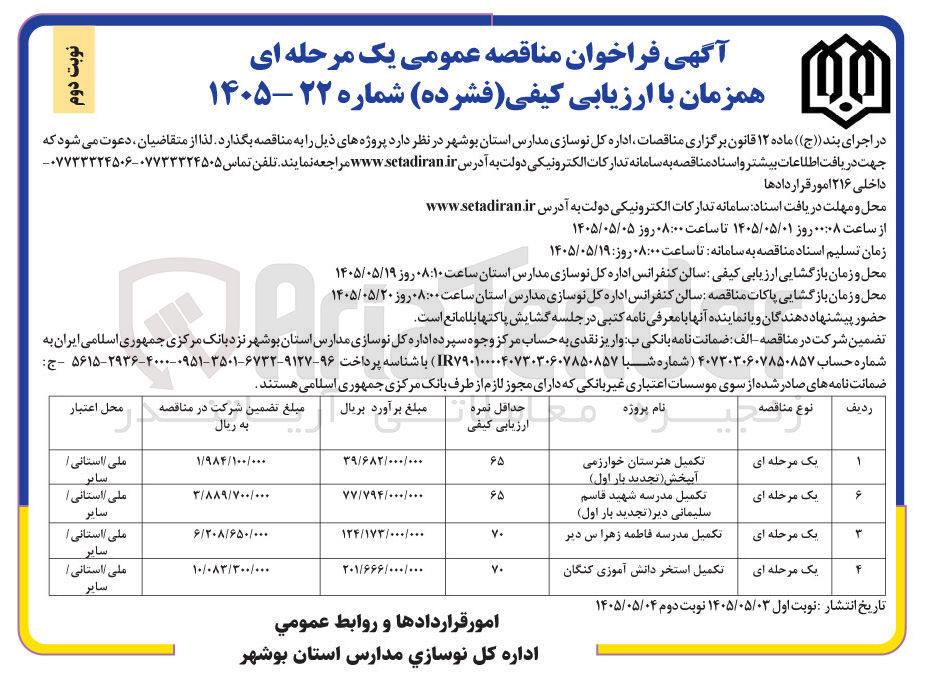 تصویر کوچک آگهی تکمیل مدرسه شهید قاسم سلیمانی دیر