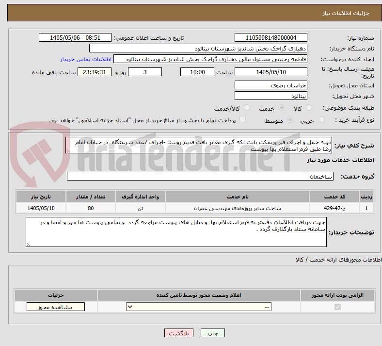 تهیه حمل و اجرای قیر پریمکت بابت لکه گیری معابر بافت قدیم روستا -اجرای 7عدد سرعتگاه در خیابان امام رضا طبق فرم استعلام بها پیوست