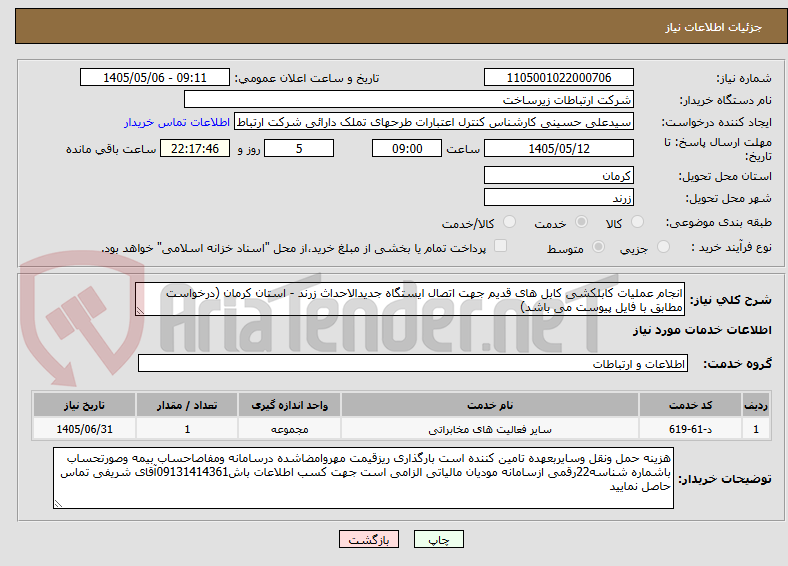 انجام عملیات کابلکشی کابل های قدیم جهت اتصال ایستگاه جدیدالاحداث زرند - استان کرمان (درخواست مطابق با فایل پیوست می باشد)