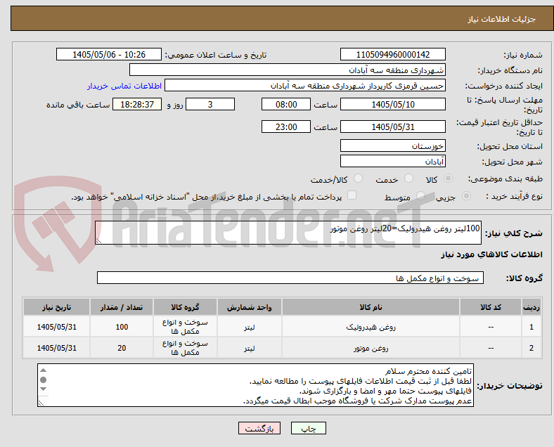 100لیتر روغن هیدرولیک=20لیتر روغن موتور
