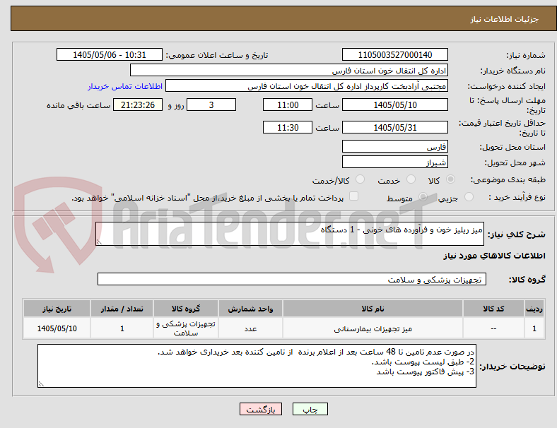 میز ریلیز خون و فرآورده های خونی - 1 دستگاه