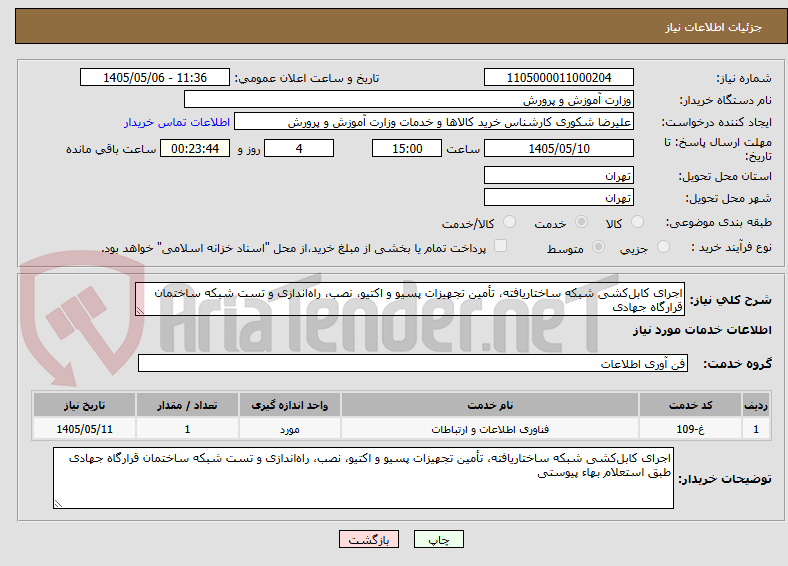 اجرای کابلکشی شبکه ساختاریافته، تأمین تجهیزات پسیو و اکتیو، نصب، راهاندازی و تست شبکه ساختمان قرارگاه جهادی
