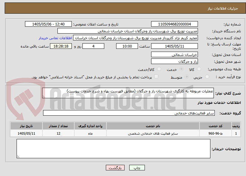 عملیات مربوطه به کارگری شهرستان راز و جرگلان (مطابق فهرست بهاء و شرح خدمات پیوست)