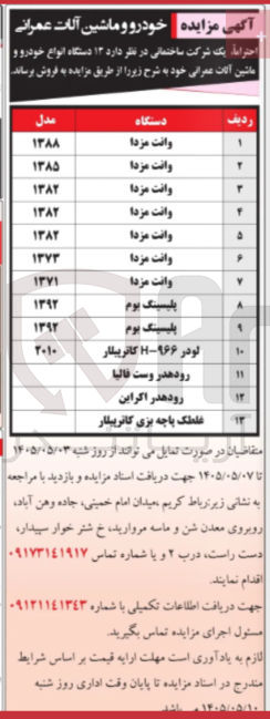 تصویر کوچک آگهی فروش ۱۳ دستگاه انواع خودرو و ماشین آلات عمرانی