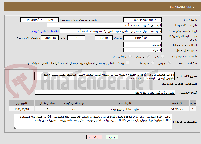 اجرای تعهدات مردمی (احداث واصلاح وبهینه سازی شبکه فشار ضعیف وفشار متوسط ،نصب پست وتابلو هوایی )بصورت نیمه کلید در دست -