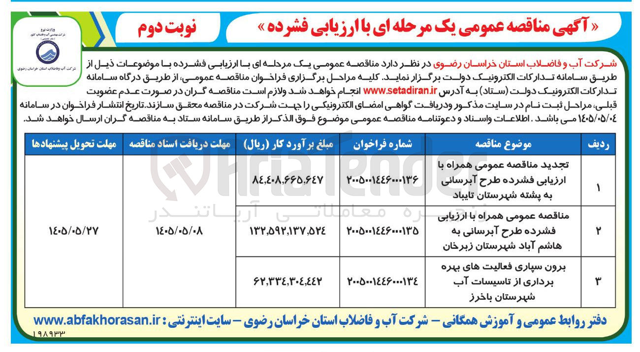 تصویر کوچک آگهی ارزیابی فشرده طرح آبرسانی به هاشم آباد شهرستان زبرخان 