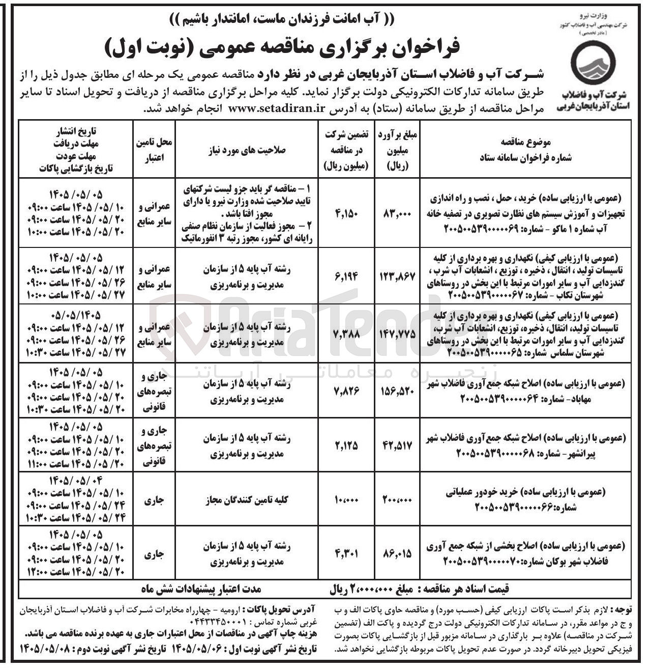 تصویر کوچک آگهی خرید، حمل، نصب و راه اندازی تجهیزات و آموزش سیستم های نظارت تصویری در تصفیه خانه آب شماره ۱ ماکو 